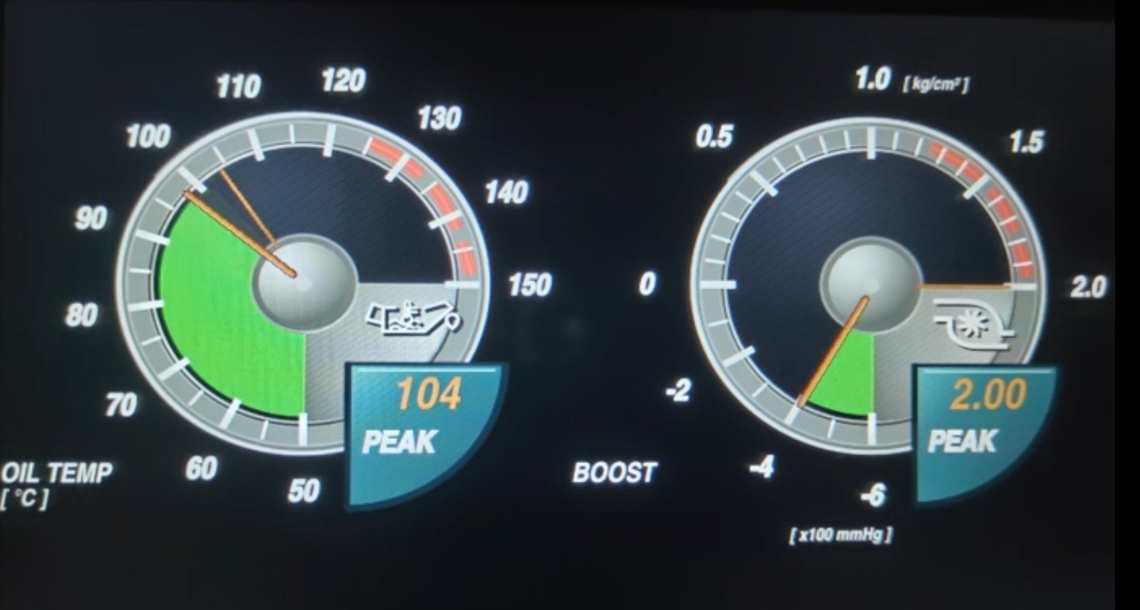 Nissan Skyline R34 MFD Twin Gauge prototype showing oil temperature and boost
